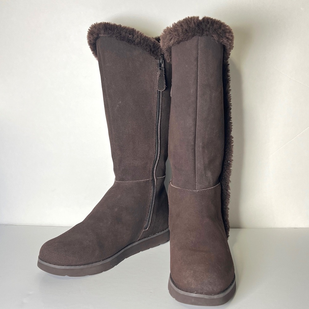 Lands End Womens Dark Brown Leather Suede Faux Fur Lined Tall Winter Boots 8B
